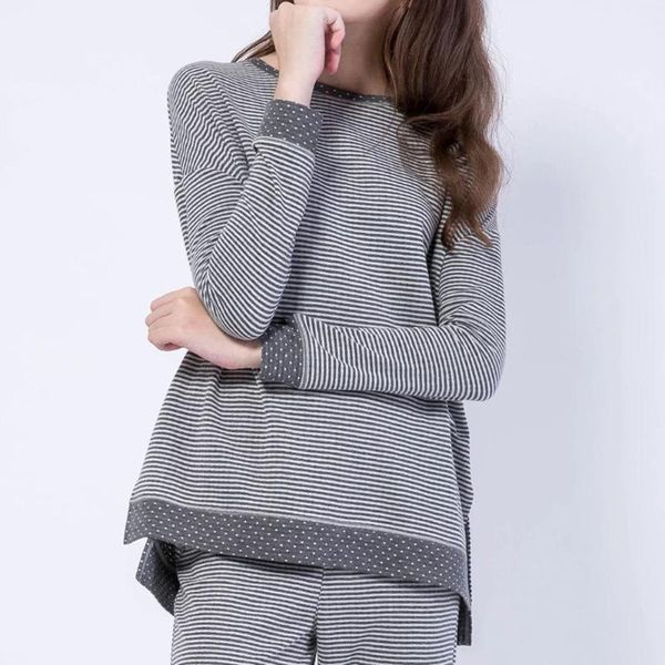 

2 pieces of fashion women's round neck striped o-neck long-sleeved shirt suit home service suit cotton blend comfortable, Blue;gray