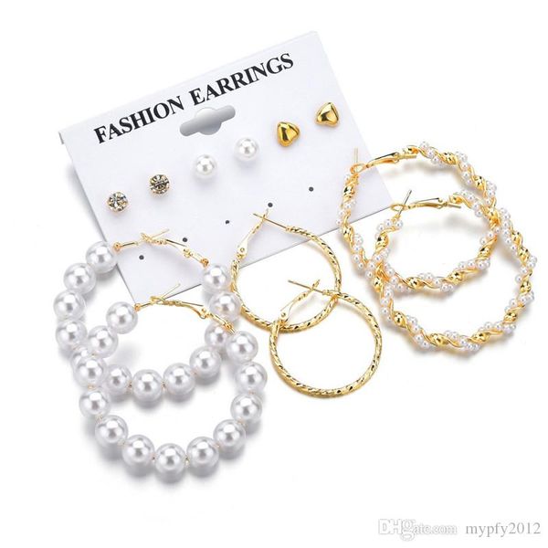 

new gold color 6 pairs/set pearl earrings for women geometric twist big circle earring white cz zircon statement earrings, Silver