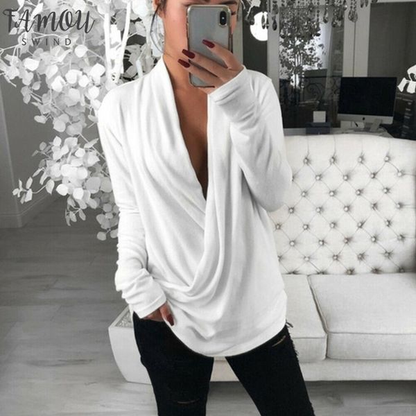 

women casual loose deep v neck long sleeve pleated wrap shirt tunic autumn warm winter blouse female blusas hot, White