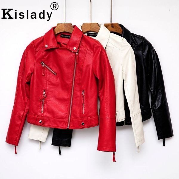 

2019 autumn winter women's pu leather jacket black white red faux leather moto jacket short slim coat christmas outwear