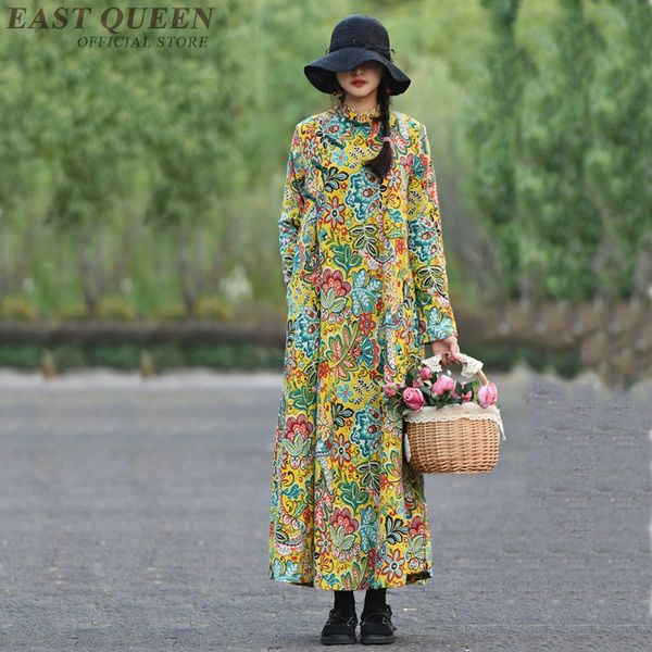 

sweet women long style vintage dress in spring and summer full sleeve printed floral loose oriental embroidered dress 3196 f, Red