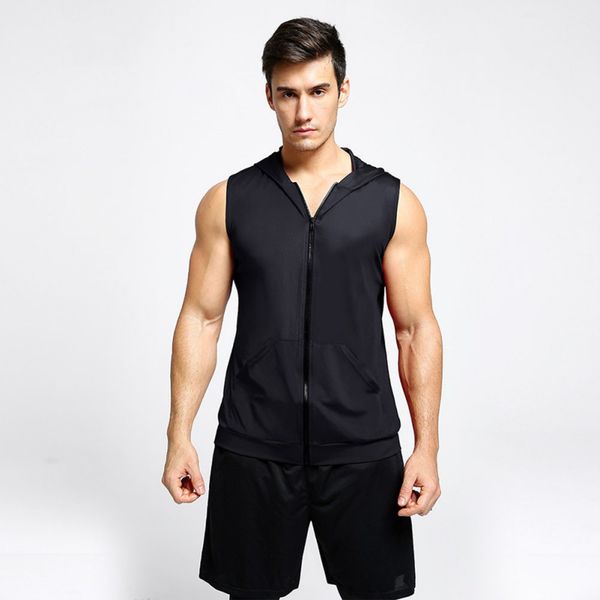 

fashion men' tight hooded vest men' thin section casual solid color sleeveless shirt gym quick-drying zipper vest top, White;black