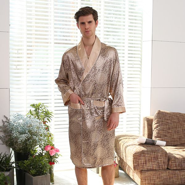 

2020 new robes men softness satin silk sleepwear male geomtric pattern bathrobes long-sleeve pijama sleeping robe plus size, Black;brown