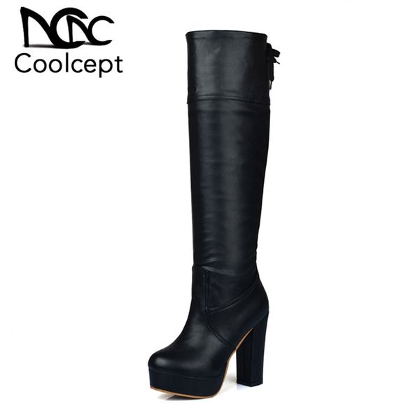 

coolcept size 34-48 women knee high boots thick heel back strap botas platform winter shoes fashion big size footwear, Black
