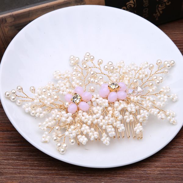 

handmade gold color wedding hair accessories women hair combs beads simulated-pearl bridal hair jewelry crystal head decoration, Golden;white