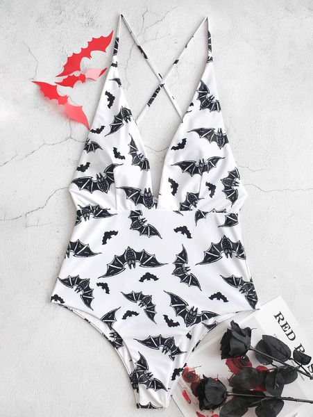 

zaful festival bat print criss cross padded swimsuit open back print, White;black