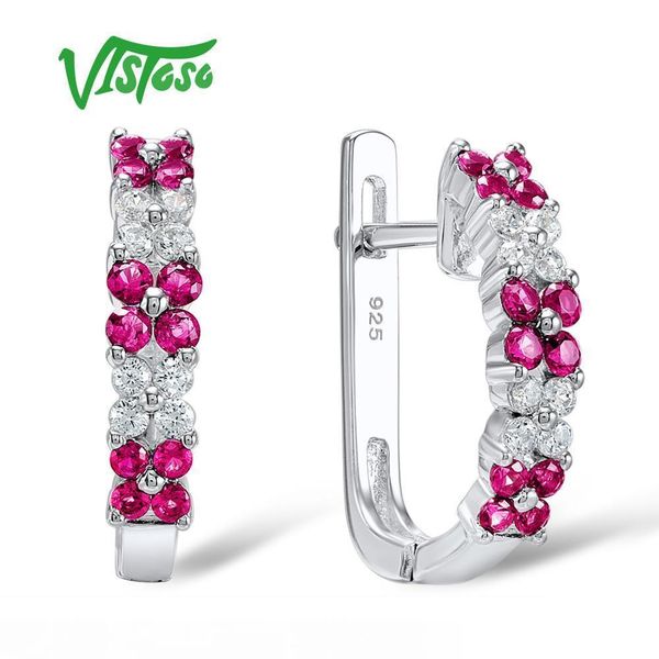 

vistoso stud earrings pink flower created ruby round white cubic zirconia stud earrings fine jewelry mx190727, Golden;silver