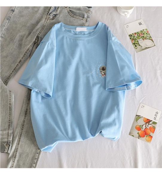 

2020 summer cartoon short-sleeved t-shirt women's college wind bottoming shirt round neck loose wild top, White