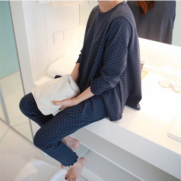 

2pcs women female sleepwear autumn spring cotton pajamas sets dot print long sleeve shirt and pants suit, Blue;gray