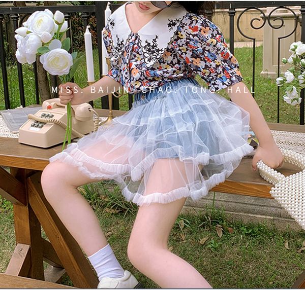 

girls' skirt 2020 summer new children's french retro mesh splicing denim skirt pants puffed cake skirt pants