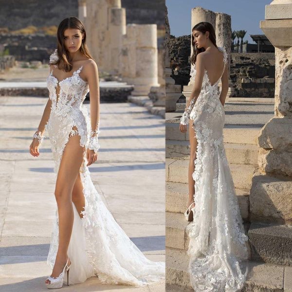 

2020 beach mermaid wedding dresses thigh high slit sheer neck lace floral appliques bride gowns vestido de novia, White