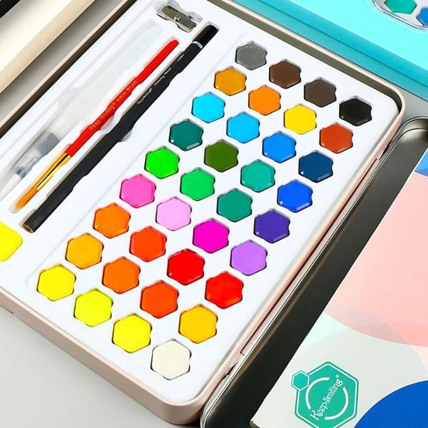

coloffice 36 colors solid watercolor paint iron boxed beginner student art painting supplies gifts for kids (8 pcs gift )/set