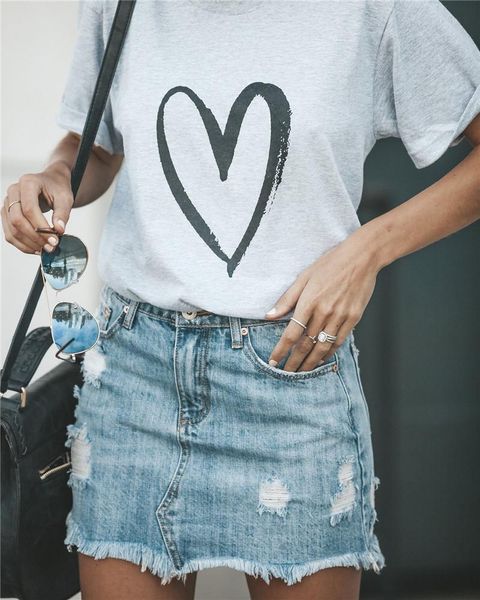 

heart love print woman tshirt designer summer short sleeve magliette loose cloth fashion casual donna tees, White