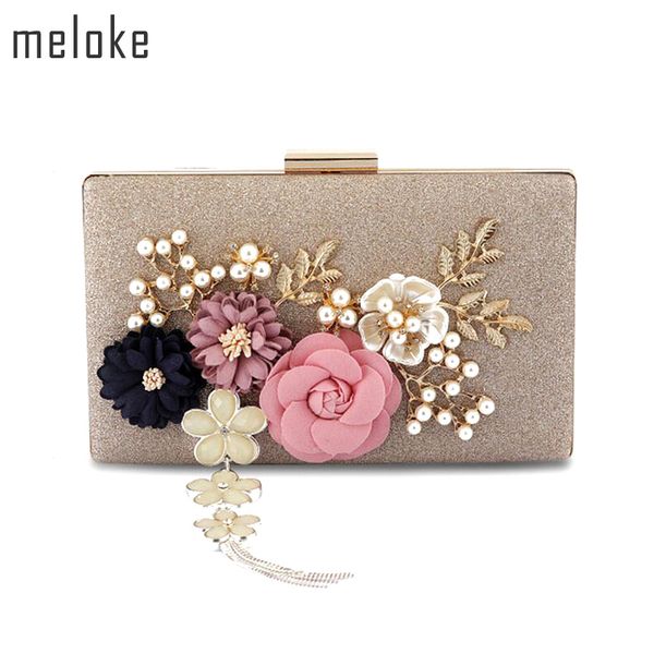

meloke 2018 new fashion handmade floral evening bags wedding clutch bags with pearl chain party bags for ladies mn569 d18110106