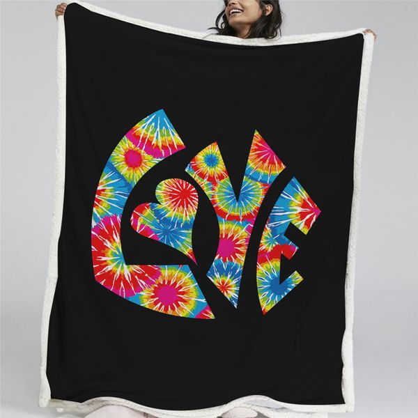 

hm life love sherpa blanket retro blanket for bed sofa bohemia style colorful letters printed furry tie dye bedding