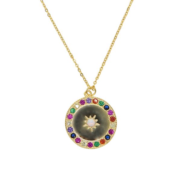 Neueste schicke Halskette mit Goldmünzen-Anhänger für Damen und Herren, geschnitzte Opal-Sonnenblume mit Regenbogen-CZ-Eleganz, schöner Schmuck, Partygeschenke