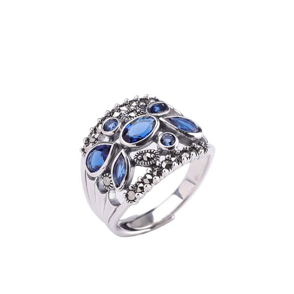 

2019 elegant gemstone rings for women real 925 sterling silver blue zircon jewelry anniversary gift adjustable original ring, Golden;silver