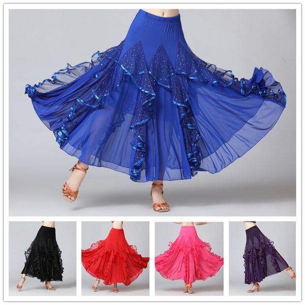 

ballroom dance skirt modern tango waltz latin long swing mesh sequin 904-b130, Black