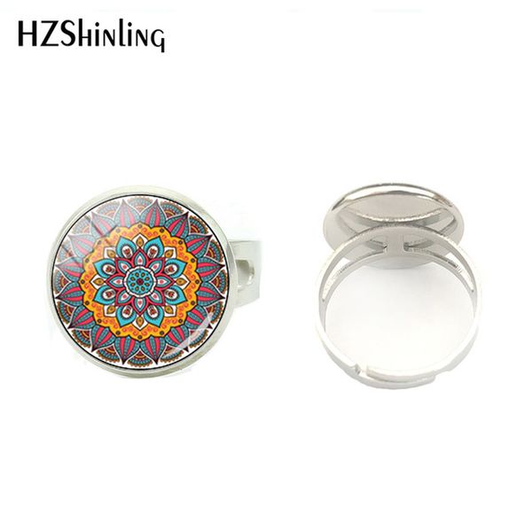 

2020 fashion vintage mandala patterns flowers silver glass ring jewelry hand craft cabochon round rings accessories
