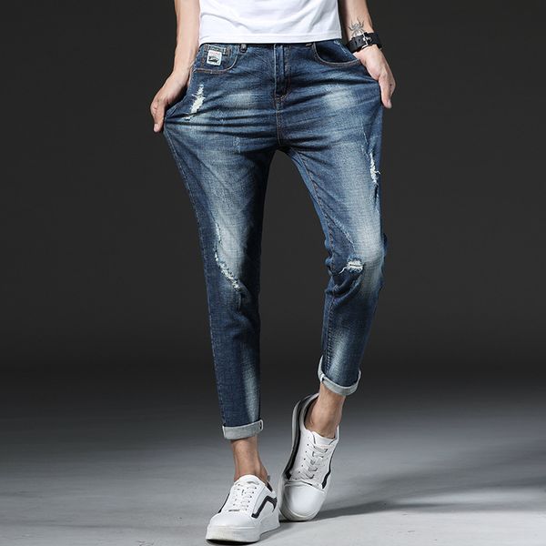 

casual men jeans slim cotton denim straight jeans men 2019 spring slim hole skinny pants plus size, Blue