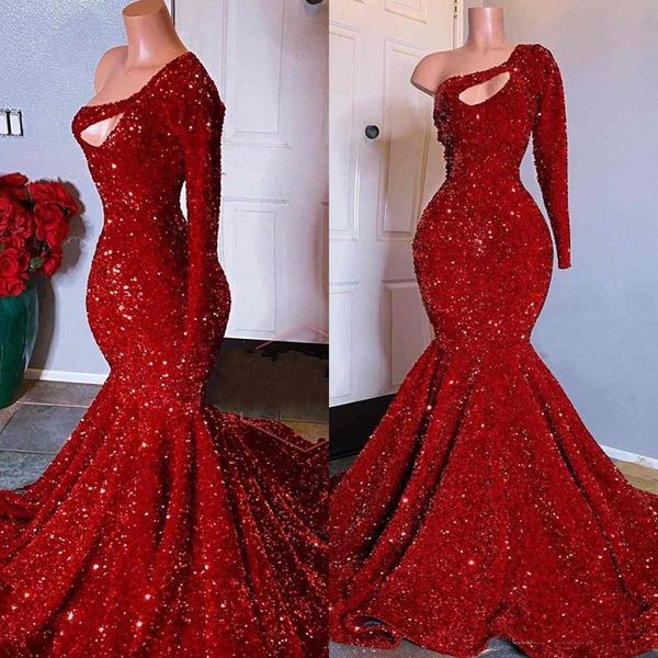 Red lantejoulas negras Sereia Prom Dresses 2020 Plus Size de um ombro lantejoulas Prom Vestidos vestido de festa