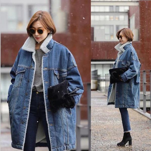 

winter women jean fleece lined jacket warm long parka loose denim coat outwear, Tan;black