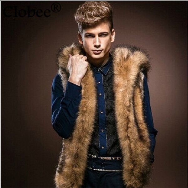 

2019 faux fur coats winter sleeveless hooded design thick warm men's faux fur vest winter high street coat 6xl 5xl v620, Black
