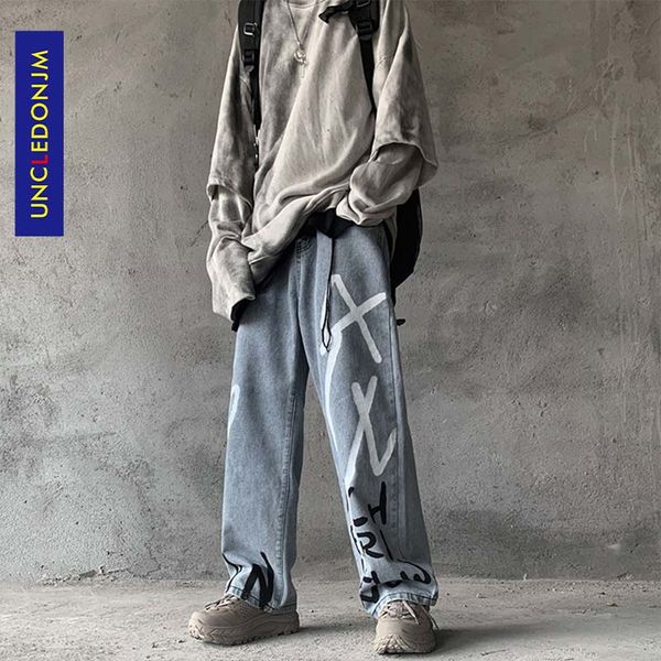 

uncledonjm graffiti print casual baggy denim jeans hip hop streetwear pants men fashion punk rock trousers male an-c032, Blue