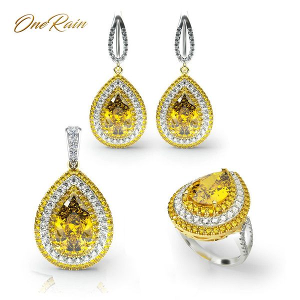

onerain luxury 100% 925 sterling silver sets water drop pear citrine gemstone necklace/earrings/ring jewelry sets wholesale, Black