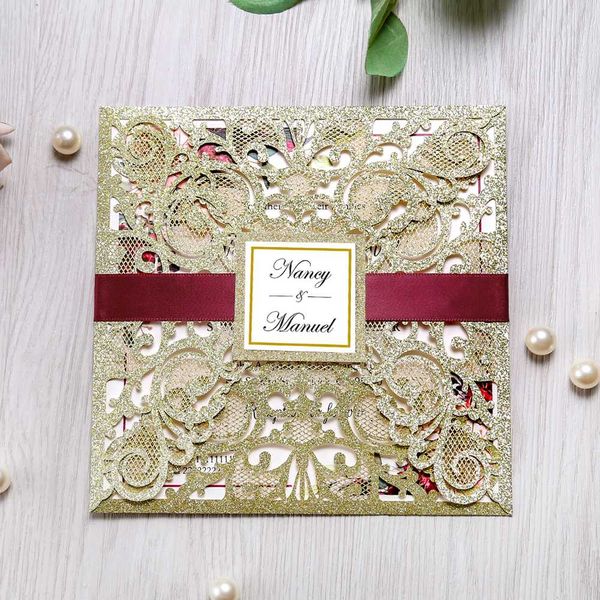 

50 pcs new arrival glitter laser cut burgundy, silver, white, gold wedding invitation cards with envelope