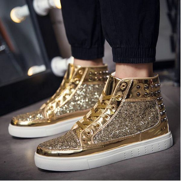 

male skate shoes silver pink lovers sequined shoes rivets punk glitter men sneakers youth high street flats mm-85z, Black