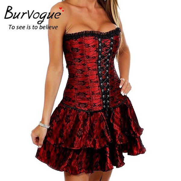 Moda-Sexy Steampunk Espartilhos e Bustiers Burlesque Gothic Lace Steampunk CorSet Dress Plus Size Traje Floral Bustier Dress