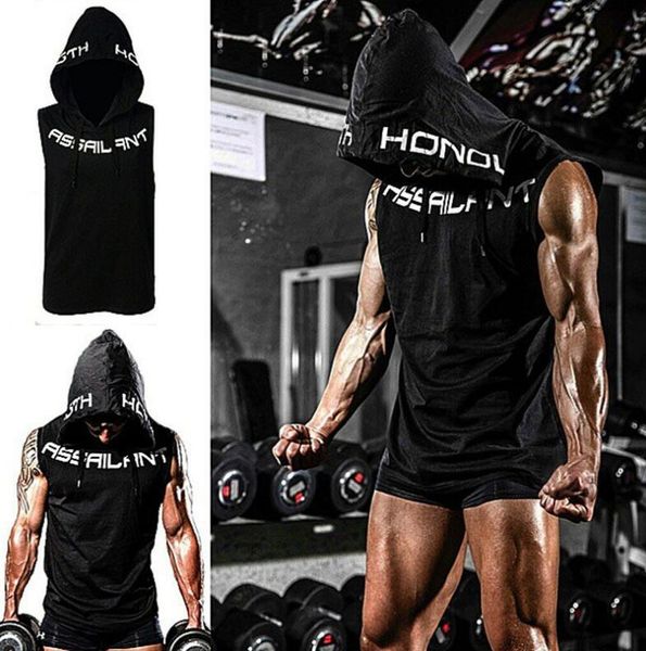 

high elastic men's hooded jacket quick dry sleeveless racing jacket sport vest gym fitness men's clothing sportswear, White;black