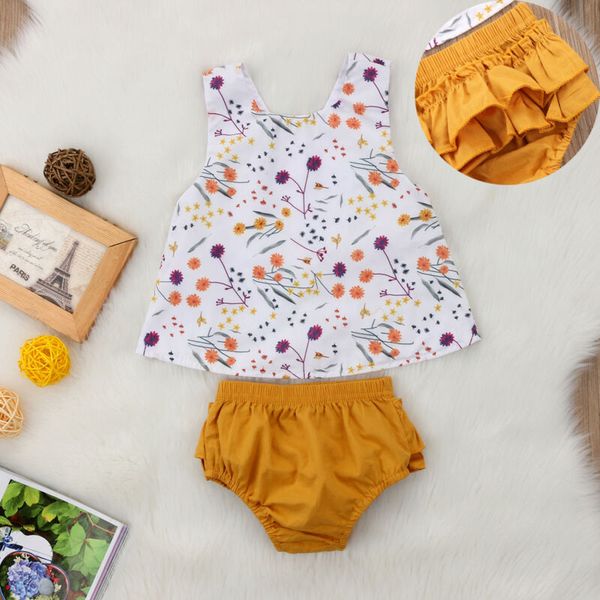 

baby girl clothing sets floral printed tank + yellow briefs shorts 0-18m newborn infant toddler summer casual cotton outfits, White