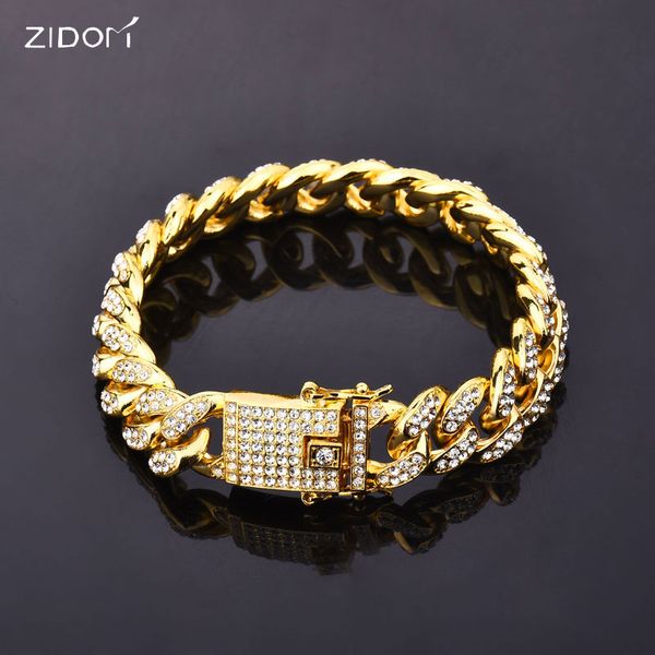 

gold color men hiphop iced out bling bracelets fashion rhinestone 19cm long miami cuban link chain hip hop bracelet men jewelry, Black