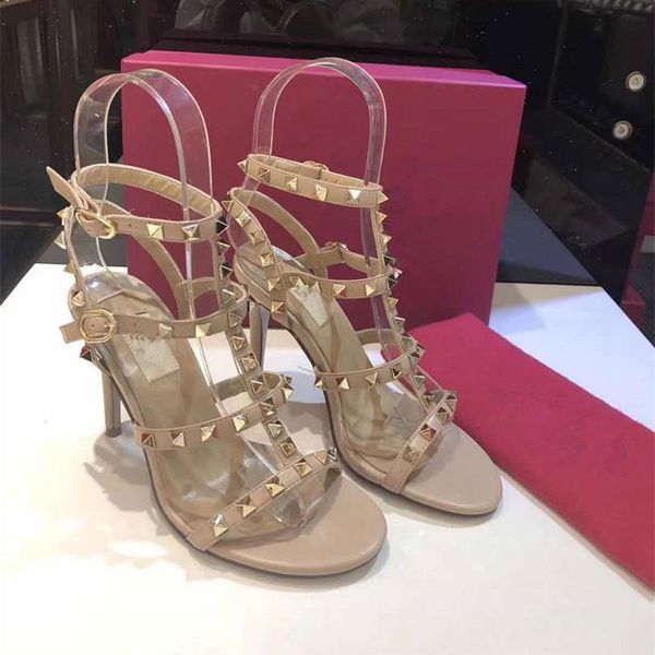 

new designer stud sandals genuine leather slingback pumps lady black blue high heels fashion rivets shoes party luxury high heel shoes