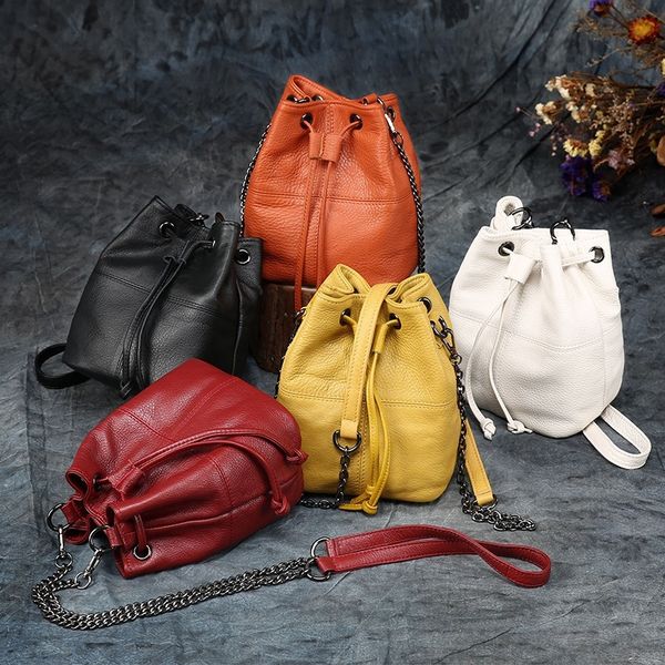 

2019 leather bucket bag mini bag diamond chain stylish one-shoulder slant