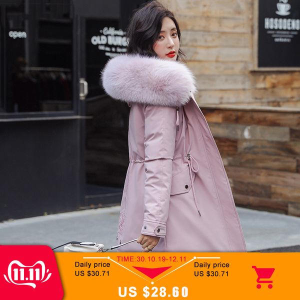 

winter jacket women parkas plus size 2xl long coat female parkas mujer 2019 velvet thicken faux fur pocket warm padded outwear, Black