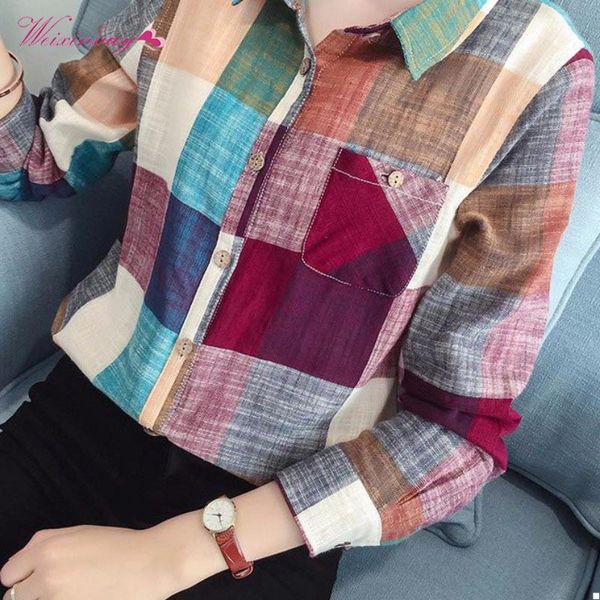 

women's blouses & shirts women casual cotton slim long sleeve plaid shirt blouse chemise femme ladies fashion turn-down collar, White