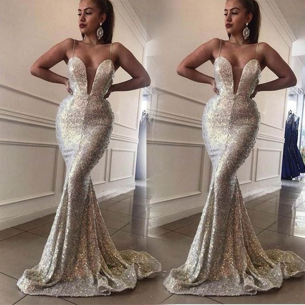 bling bling Sexy Spaghetti prom Dress Paillettes Scollo a V robe de soiree longue 2019 Abiti da sera argento Abiti da cerimonia a sirena abiye