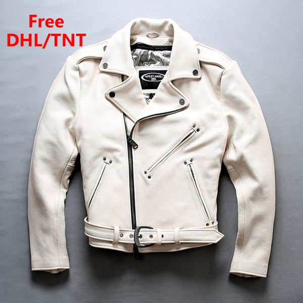 

men white genuine leather jacket motorcycle large lapel unloading zipper cowhide slim jackets coats male dhl fast shipping, Black