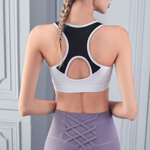 

women sports bras two-color patchwork beauty back design integrated yoga running bras breathable quick-drying fitness bra, White;black