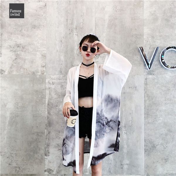 

2019 пейзаж печать kimino блузы солнцезащитный harajuku летние топы женщин и плюс размер шифон cardigans, White