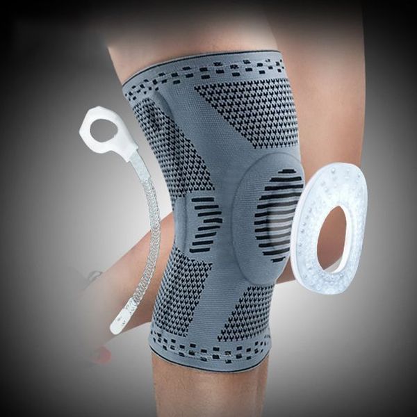 

1 piece patella knee protector brace silicone spring knee pad basketball knitted compression elastic sleeve support sports, Black;gray