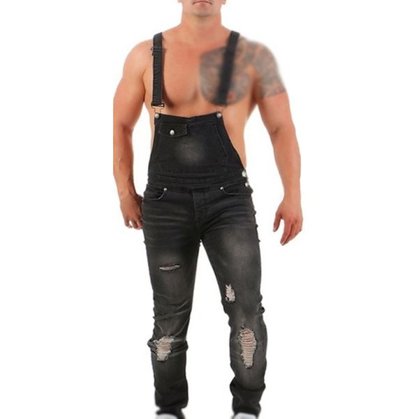 

men denim jumpsuit skinny jeans trousers bib plus size pocket casual fashion hole vintage cool streetwear slim rompers overalls, Blue