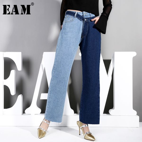 

eam] 2020 новая весна осень высокая талия синий хит цвет из двух частей стежка карандаш брюки женские джинсы брюки мода прилив sc08, Black;white