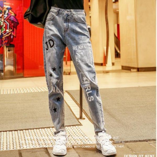 

jeans women 2019 spring new fashion high waist loose letter printed ankle length harem pants plus size 26-31, Blue