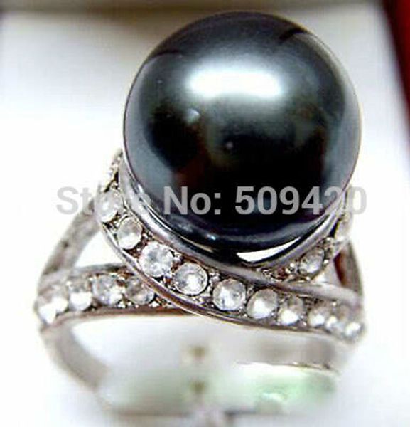

12mm crystal black shell pearl ring size: 8.9, Slivery;golden