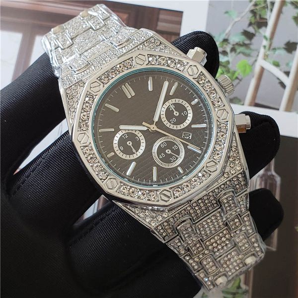 

new fashion mens luxury watch royal oak offshore iced out diamond watches stainless steel designer wristwatch quartz movement sport clock, Slivery;brown
