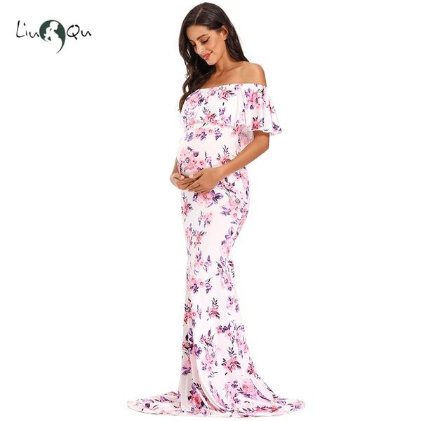 

women off shoulder ruffles maternity maxi pgraphy dress for p shoot p props dress elegant fitted baby shower, White